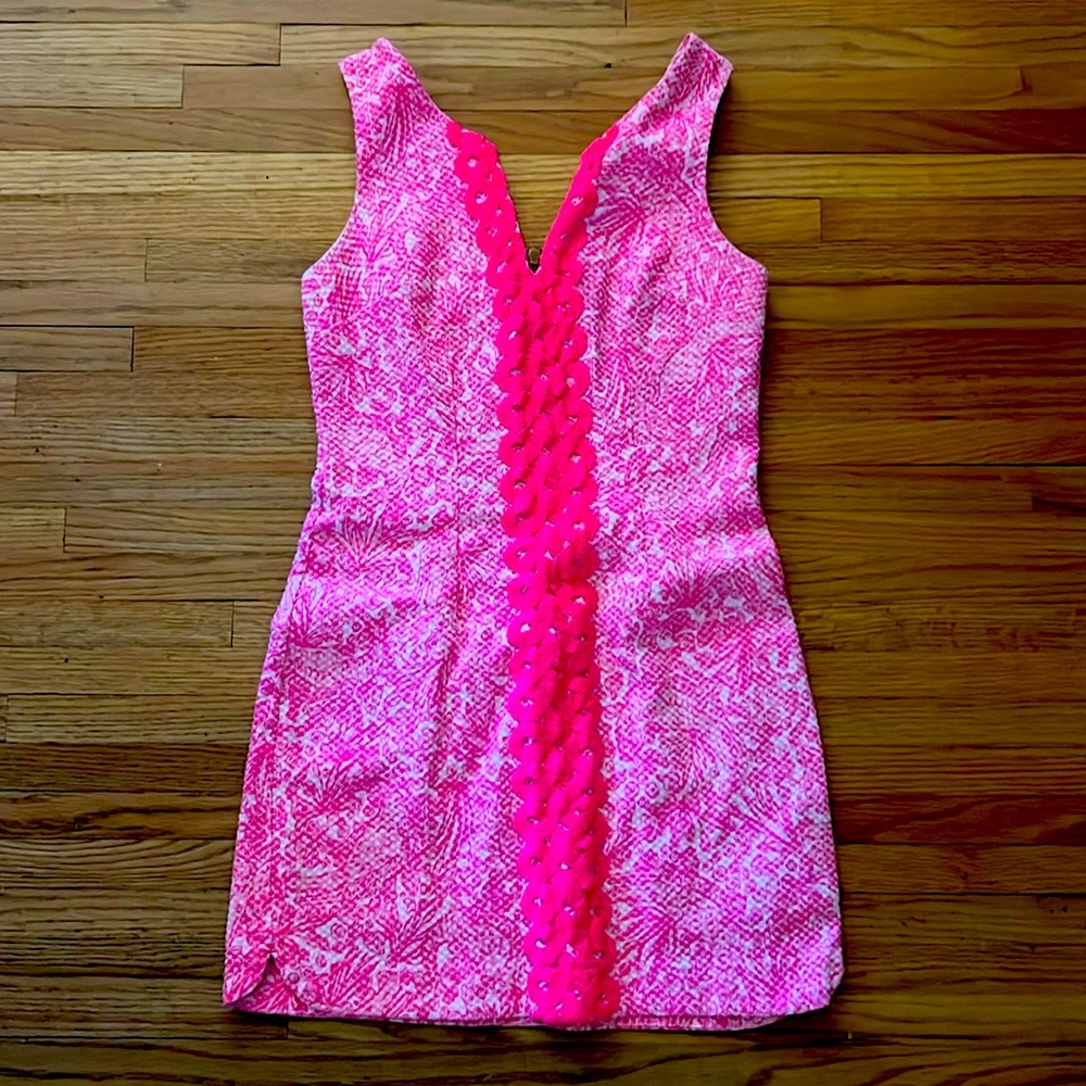 Pink Printed V-Neck Sleeveless Shift Dress